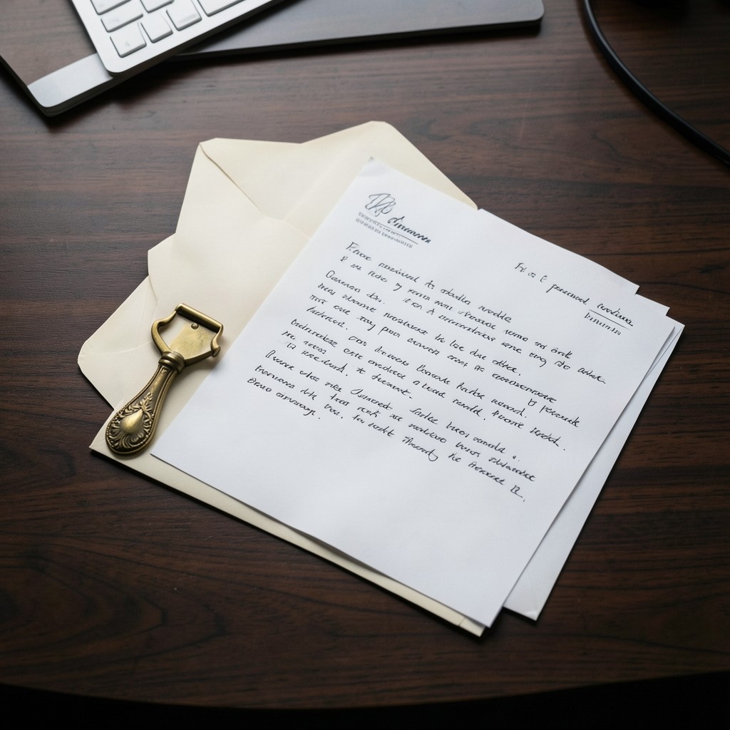 Enveloppe ouverte et notes manuscrites sur papier à en-tête