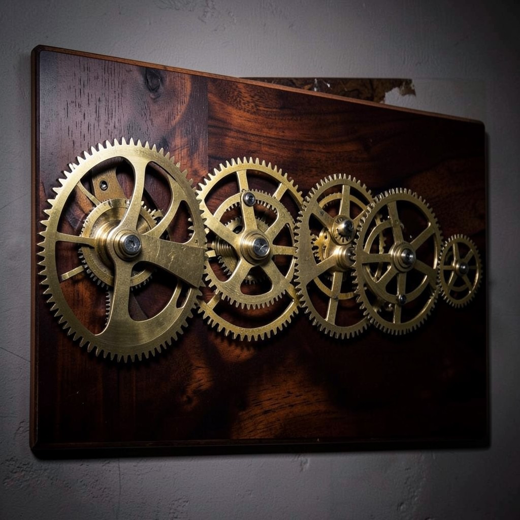 Schéma mécanique en laiton évoquant une succession d'étapes chronologiques