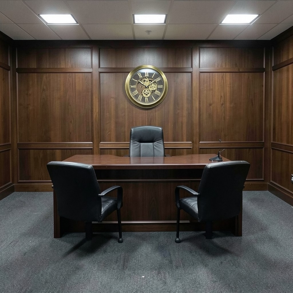 Salle de réunion sobre avec deux chaises face à un bureau