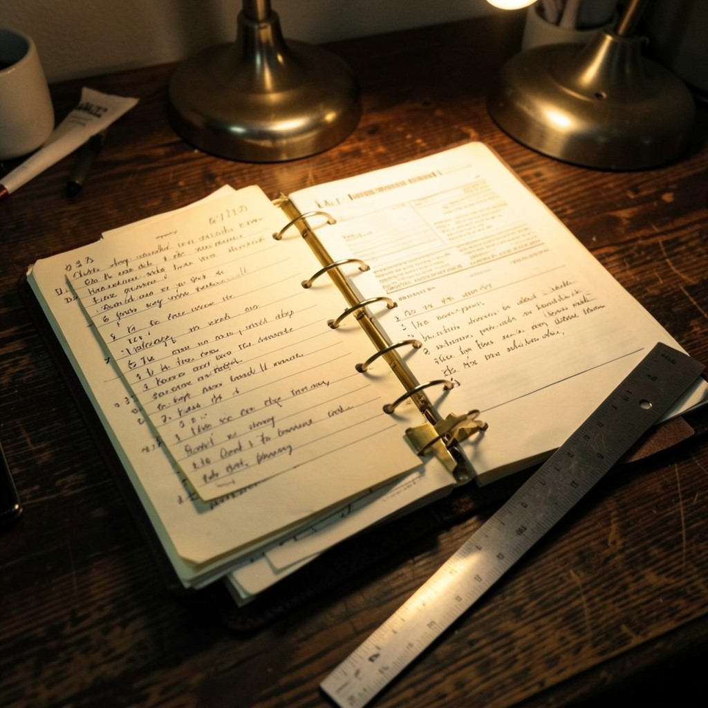 Classeur ouvert avec notes manuscrites et documents datés