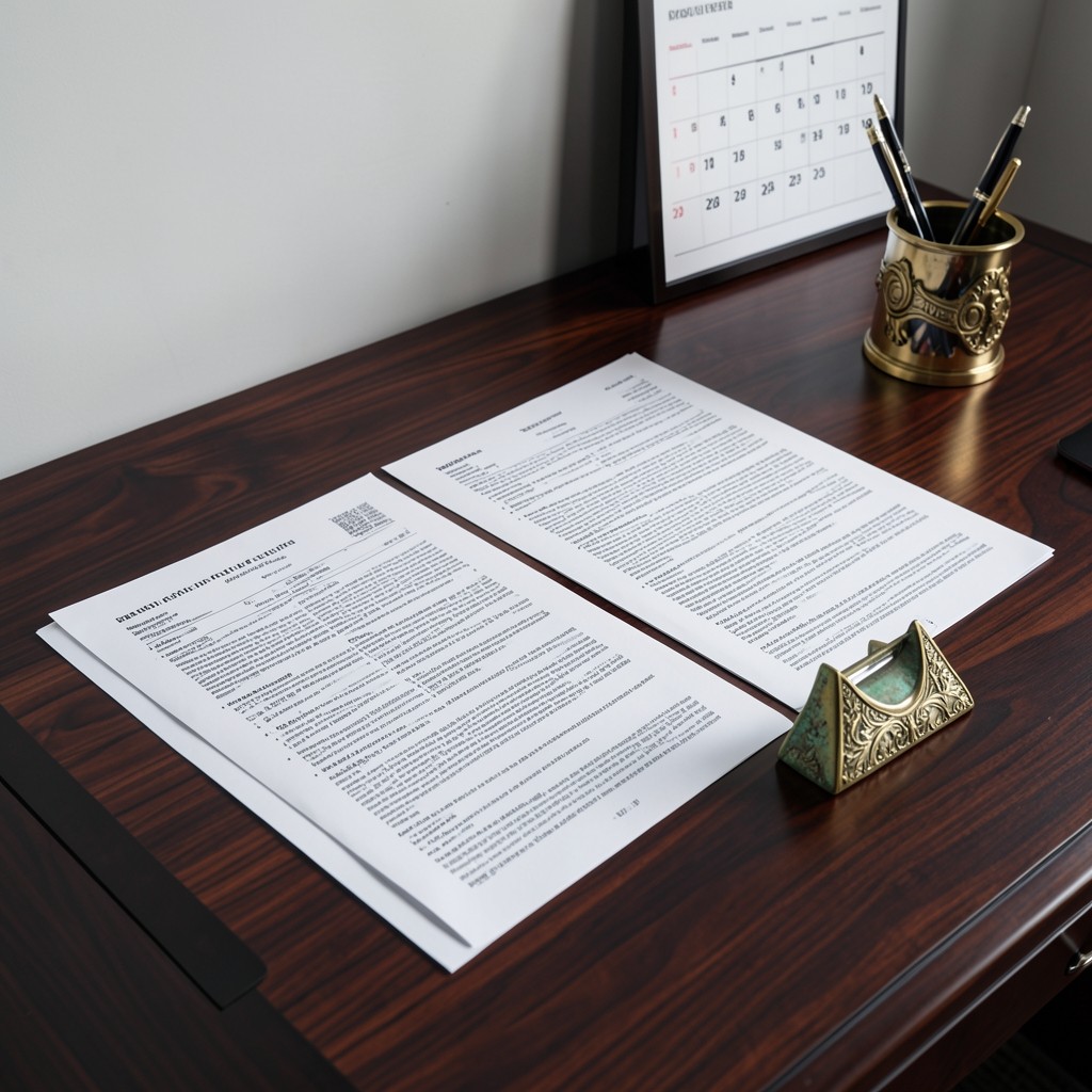 Documents juridiques et calendrier posés sur un bureau en acajou